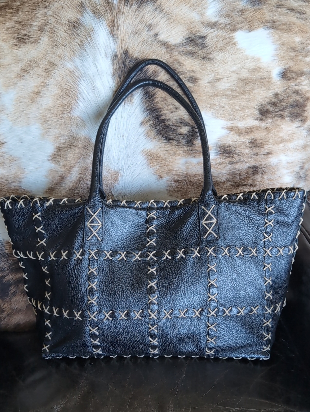 Berge Black Large Italian Leather Tote Bag With Heavy Cross Stitch Detail🖤